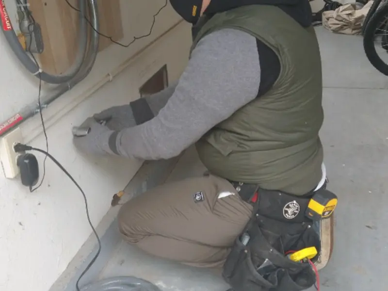 Electrician performing outlet wiring in a Sachse garage